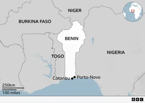 A map showing Benin, including the location of the capital Porto-Novo and main city Cotonou, and its neighbours Togo, Nigeria, Niger and Burkina Faso