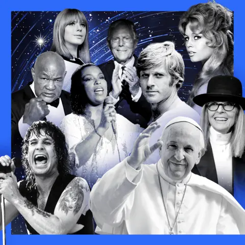 BBC Composite photos shows some of the most famous people to have died in 2025: Marianne Faithfull, Giorgio Armani, Brigitte Bardot, George Foreman, Roberta Flack, Robert Redford, Diane Keaton, Ozzy Osbourne, Pope Francis