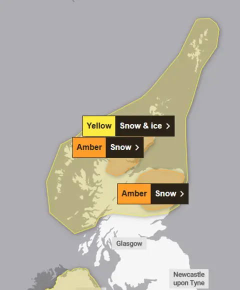 Met Office A map of Scotland with much of the country covered in a yellow weather alert for snow and ice. An amber alert covers parts of Highland and the north east