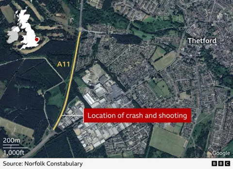 An annotated map showing the area of the incident. The map shows the town of Thetford in relation to the scene of the crash and shooting on the nearby A11.