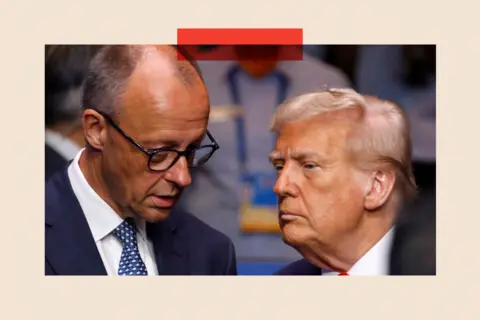 AFP via Getty Images Germany's Chancellor Friedrich Merz (L) speaks with US President Donald Trump 
