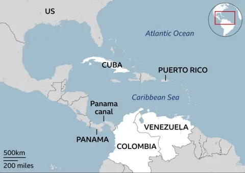 A map showing the Panama canal, as well as Colombia, Venezuela and Cuba