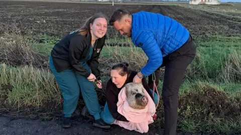 Triovet Three people are at the side of a muddy track with a pig, wrapped in a blanket. There are fields and a farm building in the background.