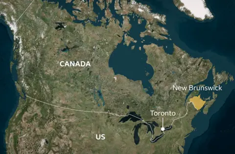 A map showing the US and Canada with New Brunswick, in the east, highlighted in yellow. 