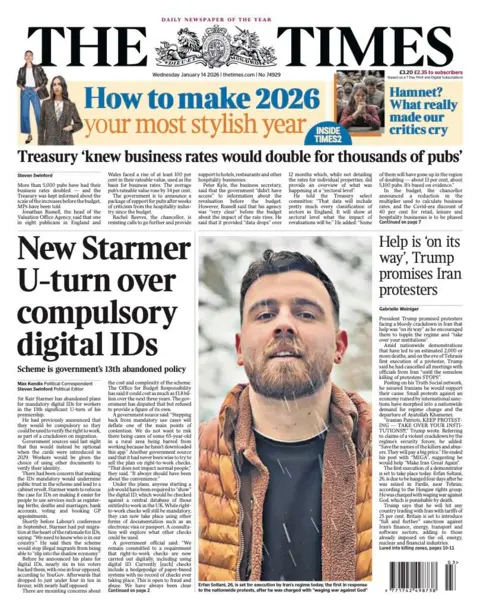 The headline on the front page of the Times reads: "New Starmer U-turn over compulsory digital IDs."