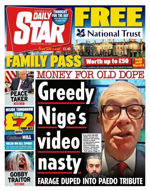 The headline on the front page of the Daily Star reads: "Greedy Nige's video nasty."