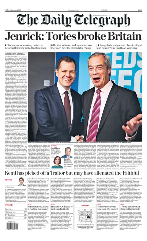 The headline on the front page of the Daily Telegraph reads: "Jenrick: Tories broke Britain."