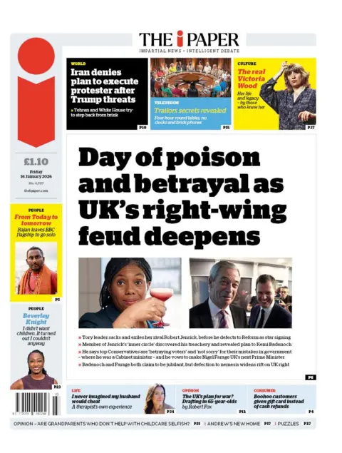 The headline on the front page of i Paper reads: "Day of poison and betrayal as UK's right-wing feud deepens."