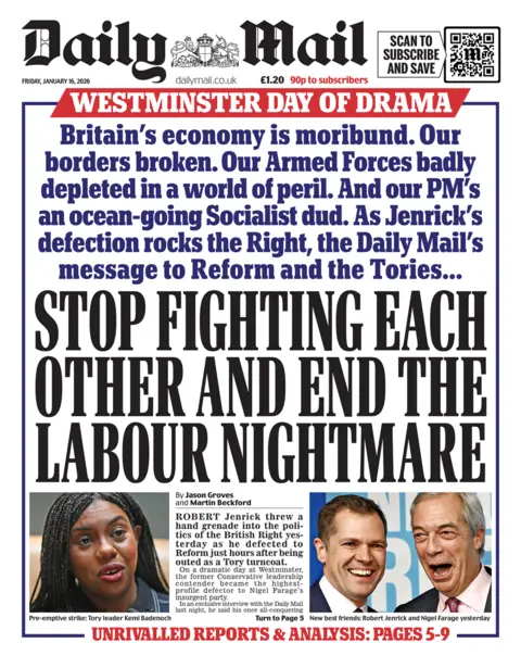 The headline on the front page of the Daily Mail reads: "Stop fighting each other and end the Labour nightmare."