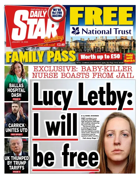 "Lucy Letby: I will be free" reads the headline on the front page of the Daily Star.