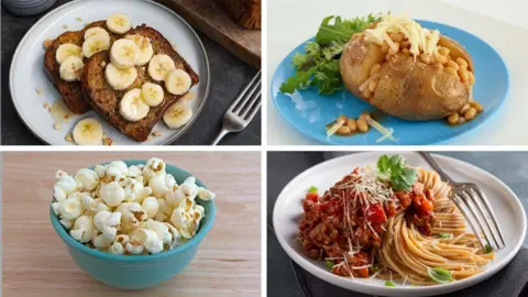 Four-way split pic showing the following fibre-rich foods: wholemeal toast with sliced banana and honey; baked potato with baked beans, cheese and side salad; bowl of popcorn, spaghetti bolognese 