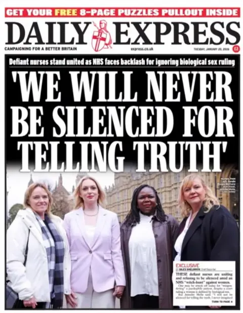 The headline on the front page of the Daily Express reads: "We will never be silenced."