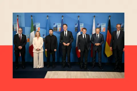 WPA Pool/Getty Images (L-R) Britain's Prime Minister Keir Starmer, Italy's Prime Minister Giorgia Meloni, Ukraine's President Volodymyr Zelensky, Nato Secretary General Mark Rutte, France's President Emmanuel Macron, Poland's Prime Minister Donald Tusk and Germany's Chancellor Friedrich Merz pose for a family picture