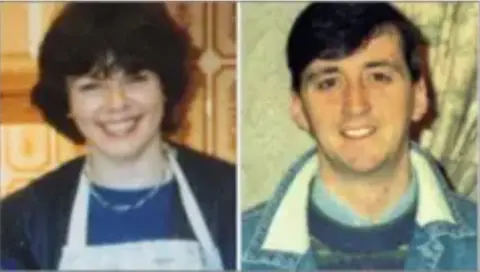 A composite image of a smiling dark haired woman wearing an apron and a man with very dark hair and a denim jacket. The pictures have an aged quality to them.