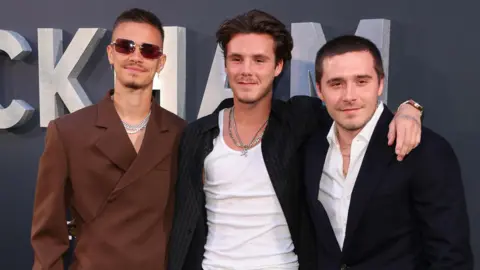 Getty Images Brooklyn Peltz Beckham, Romeo Beckham and Cruz Beckham attend the "Beckham" Premiere at The Curzon Mayfair on October 3, 2023
