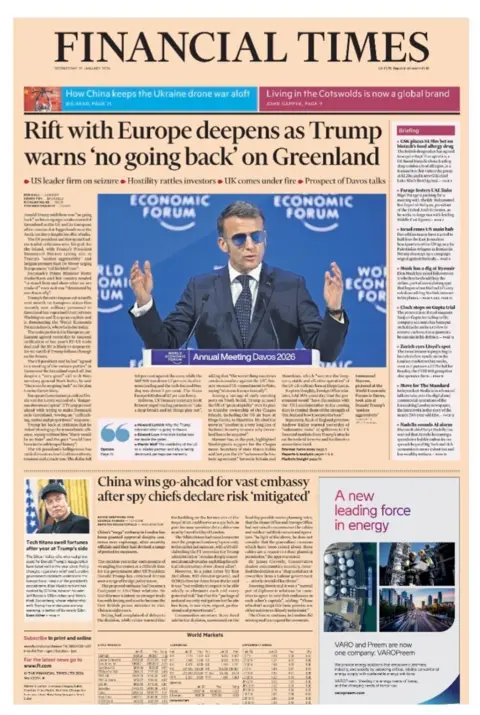 The headline on the front page of the Financial Times reads: "Rift with Europe deepens as Trump warns 'no going back' on Greenland."