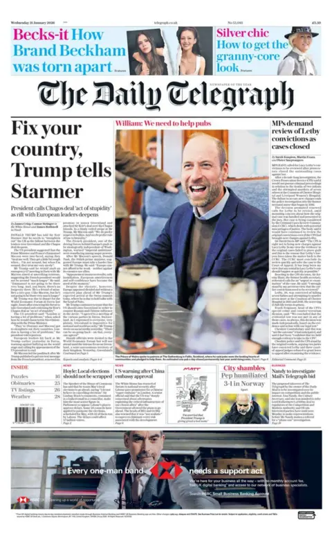 The headline on the front page of the Daily Telegraph reads: "Fix your country, Trump tells Starmer."