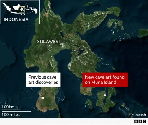 Oldest cave art discoveries in Sulawesi, Indonesia

A satellite-style map shows the Indonesian island of Sulawesi and surrounding sea, viewed from above with green land and dark blue ocean. Inset at the top left is a small map of Indonesia with a yellow box highlighting Sulawesi’s location. Large white text labels the main island “Sulawesi.” Near the south‑west of Sulawesi, a white dot and white label read “Previous cave art discoveries.” To the south‑east, on a smaller adjoining landmass, a second white dot is connected to a bold red label that reads “New cave art found on Muna Island.” At the bottom left, a scale bar shows “100 km” above “100 miles.” 