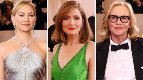 Getty Images Left to right: Kate Hudson, Rose Byrne and Amy Madigan all seen at the Golden Globes