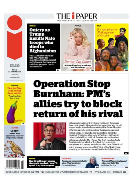 The headline on the front page of the i Paper reads: "Operation Stop Burnham: PM's allies try to block return of his rival."