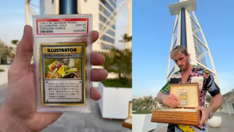 Guinness World Book of Records A split image showing an illustrator Pickachu Pokémon card and Logan Paul holidng a box with the card inside