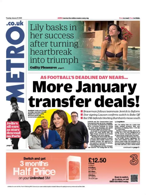 The headline on the front page of the Metro reads: “More January transfer deals!”.