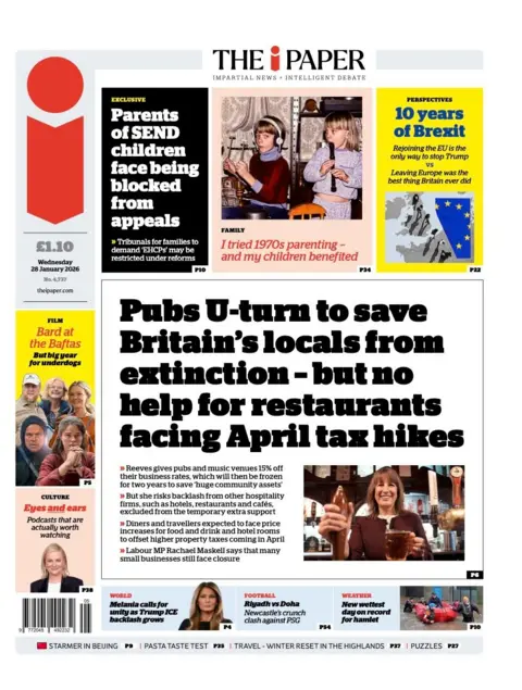 The headline on the front page of the i Paper reads: “Pubs u-turn to save Britain's locals from extinction - but no help for restaurants facing April tax hikes”.