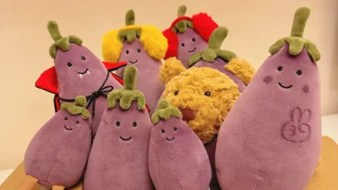 RedNote / @I am a pie (826101674) Eight Jellycat aubergine plushies of different sizes surround a teddy bear at the centre. A peace sign is drawn on the rightmost aubergine.