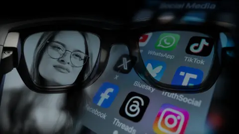 BBC Graphic image of a pair of glasses, from the wearer's perspective, looking at a woman and a phone screen showing social media apps. 