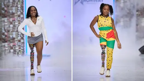 Vino Studio / Nineteen57 Events A composite image of two pictures of Abena Christine Jon'el walking down the catwalk. In both, her prosthetic leg covered in a colourful African print is shown.