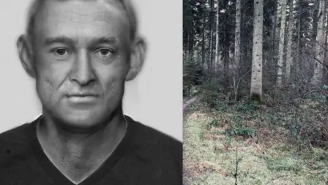 Crimestoppers/BBC A mock up facial image in black and white of a man wearing a grey t shirt. Next to it is an image of the forest where the man's remains were found in 2015 showing tall trees and dense shrubs