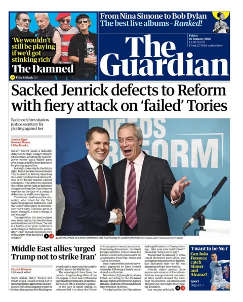 The headline on the front page of the Guardian reads: "Sacked Jenrick defects to Reform with fiery attack on 'failed' Tories."