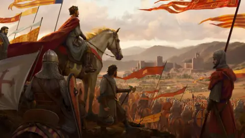 Creative Assembly Artwork shows a painted scene of an army with soldiers and knights in medieval armour marching under yellow and red flags. In the distance is a castle with more troops gathered around it.