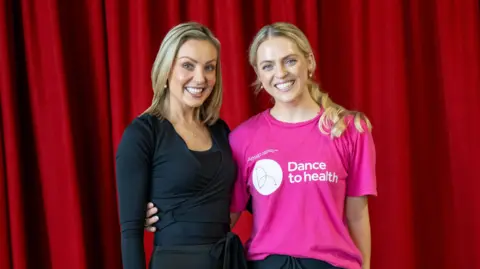 Arts Council of Wales Two women stood in front of a red curtain with their arms round each other. The woman on the left is wearing all black and has shoulder-length hair with blonde highlights,. The woman on the right wears a pink t shirt with the words 'Dance to health' in white. She has tied-back blonde curly hair. They are both looking at the camera and smiling.