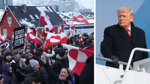 Getty Images A composite image of protesters in Greenland and Donald Trump.