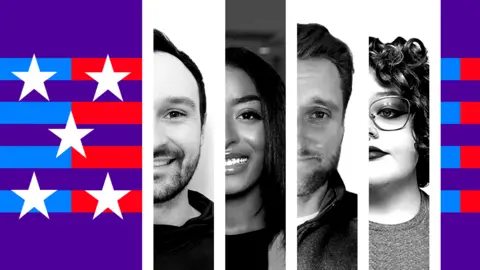 BBC A graphic featuring partial profiles of four American voters who participated in the story. The images are set against a purple background with white stars and blue and red stripes.