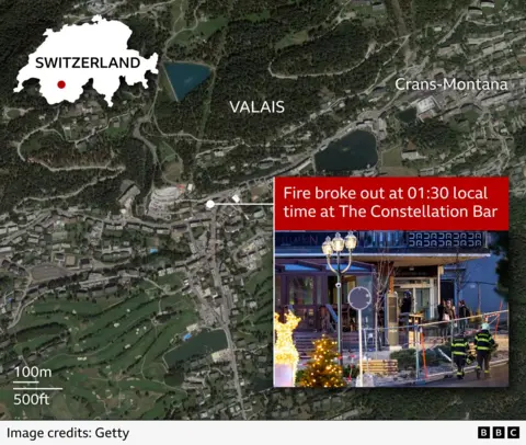 Map showing Crans-Montana in Valais, Switzerland, with a highlighted location where the fire broke out at The Constellation Bar at 01:30 local time. Inset photo shows the bar entrance cordoned off with emergency responders present.