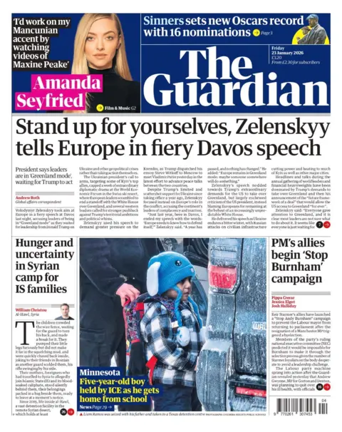 The headline on the front page of the Guardian reads: "Stand up for yourselves, Zelenskyy tells Europe in fiery Davos speech."