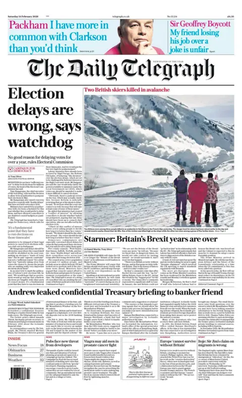The headline on the front page of the Telegraph reads: “Election delays are wrong, says watchdog”.