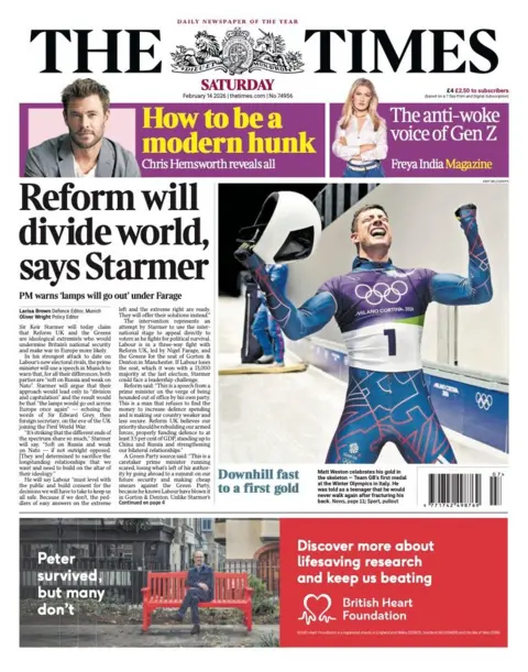 The headline on the front page of the Times reads: “Reform will divide the world, says Starmer”.