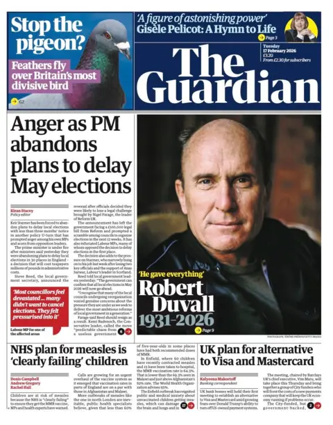The front page of the Guardian reads: "Anger as PM abandons plans to delay May elections."