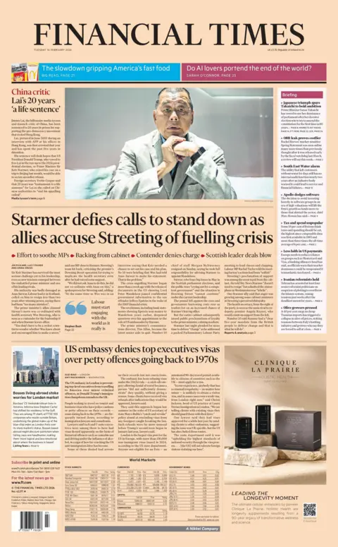 "Starmer defies calls to stand down as allies accuse Streeting of fuelling crisis" reads the headline on the front page of the Financial Times. 