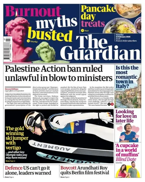 The headline on the front page of the Guardian reads: “Palestine Action ban ruled unlawful in blow to ministers”.